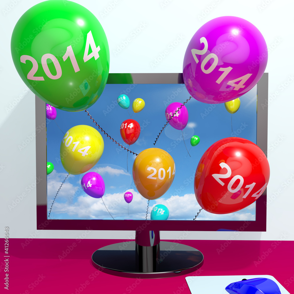 Poster 2014 balloons from computer representing year two thousand and f