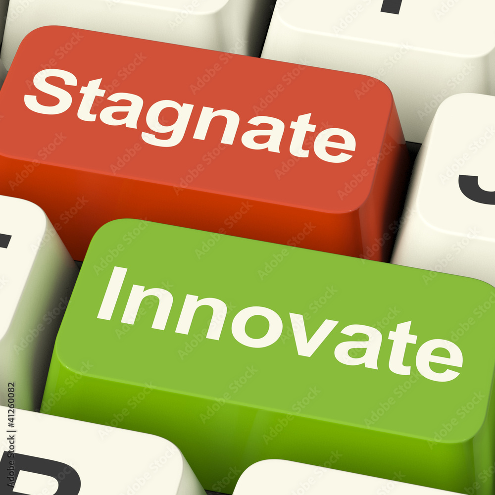 Poster stagnate innovate computer keys showing choice of growth and adv