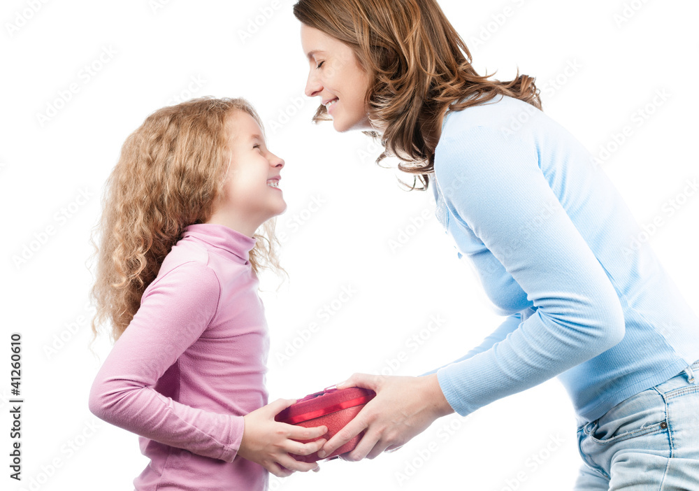 Poster Mother giving present to daughter.