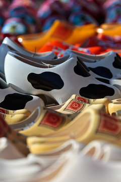 Different styled clogs on a tourist market