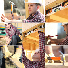 Montage of carpenter working on wooden house