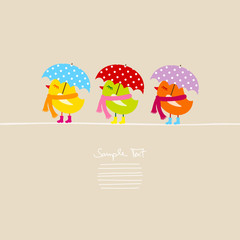 3 Cute Birds With Umbrella, Scarf & Rubber Boots
