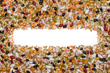 Legumes and cereales close up background sign