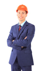 Serious architect man standing isolated on white