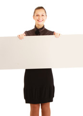 A young girl with a blank isolated on white background