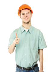 A young construction worker showing ok
