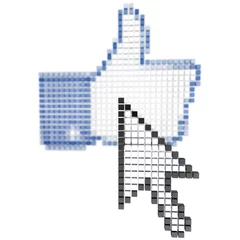 Fototapete Pixel der Mauszeiger über einem Symbol Daumen hoch (isoliert auf weiß)