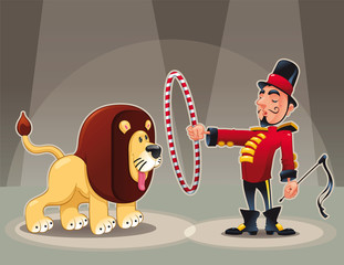 Lion Tamer with lion. Vector circus illustration.