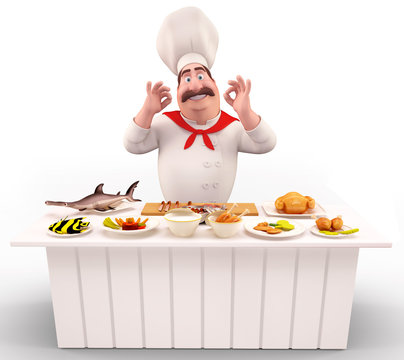 Chef with meat and fish on table