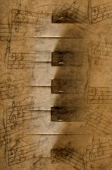 Teclas de piano con notas musicales