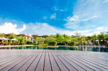 Landscape with pool village and blue sky and cloud