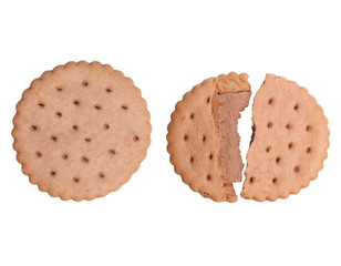 broken round biscuit with chocolate isolated on white