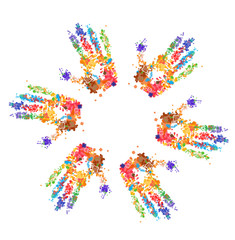 Close up of multicolored hand print on white background