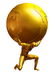 Atlas in pure gold, a man carries the world on shoulders