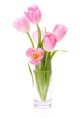 Pink tulips bouquet in vase isolated on white background