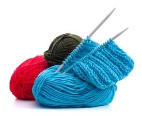 Woollen thread and knitting needle. Needlework accessories.