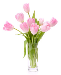 Pink tulips bouquet in vase isolated on white background