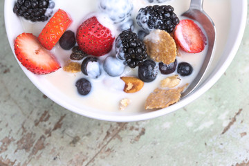 Healthy yogurt, berries and cereal for breakfast