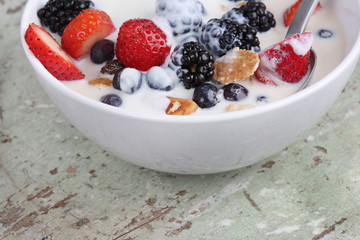 Healthy yogurt, berries and cereal for breakfast
