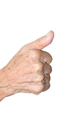 old woman hand  showing thumbs up sign against white background