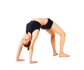 Gymnast girl in flexible back pose, isolated on white background