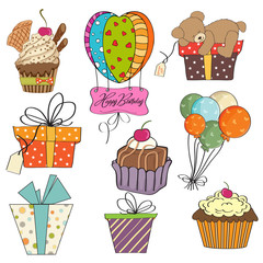 birthday items collection on white background