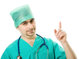 Male surgeon is pointing up