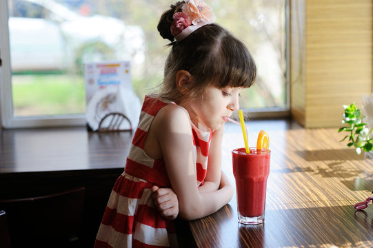 Child Girl Drinking Strawberry Smoothie