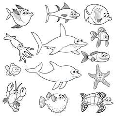 Foto op Aluminium Family of funny fish. Vector black white characters. © ddraw