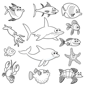 Family of funny fish. Vector black white characters.