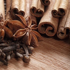 Herbs and Spices over wooden background