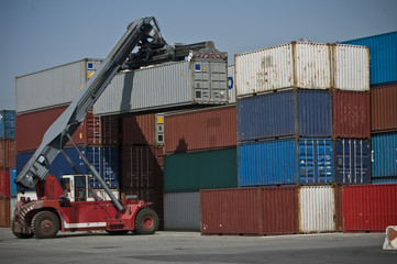 forklift with container in action