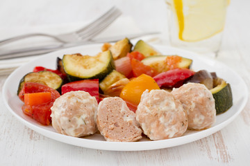 turkey meatballs with sauce and vegetables on the plate