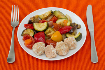 turkey meatballs with sauce and vegetables on the plate