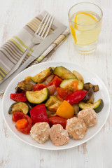 turkey meatballs with sauce and vegetables on the plate