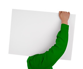 man in shirt holding blank sign