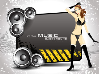 Music banner or poster with shiney speakers and a sexy girl danc