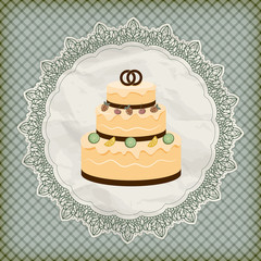 vector retro wedding invitation with big wedding cake on lacy na