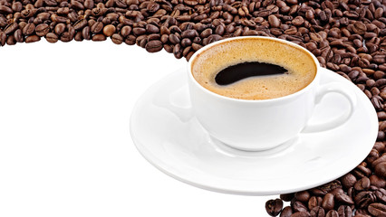 Coffee cup and grain on white background