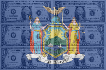 US state of new york flag with transparent dollar banknotes in b