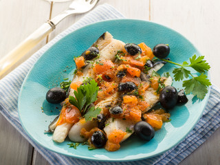 cod fillet with black olives and fresh tomatoes