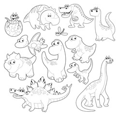 Dinosaurs Family. Vector isolated black and white characters.