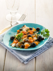 cod fillet with black olives and fresh tomatoes