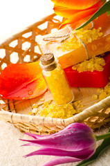 Spa still life with soap, salt and flowers