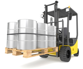 Forklift Truck with a pallet and Steel Barrels.