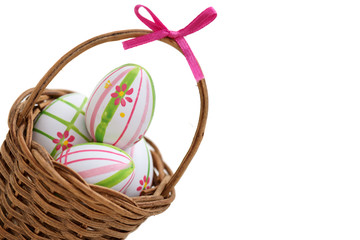 Three Easter eggs in a basket from corner