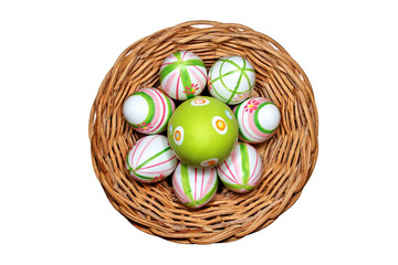 Easter eggs in a basket top view
