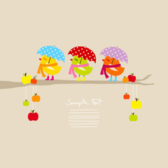 3 Birds Umbrella & Scarf On Tree With Apples