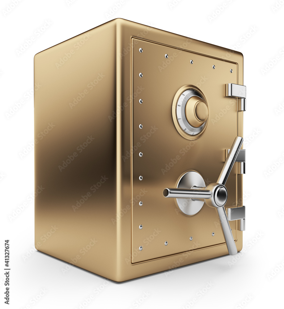 Wall mural Golden safe box 3D. Bank vault. Isolated on white background