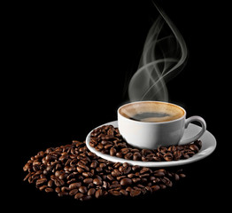 cup of coffee with grains on a black background